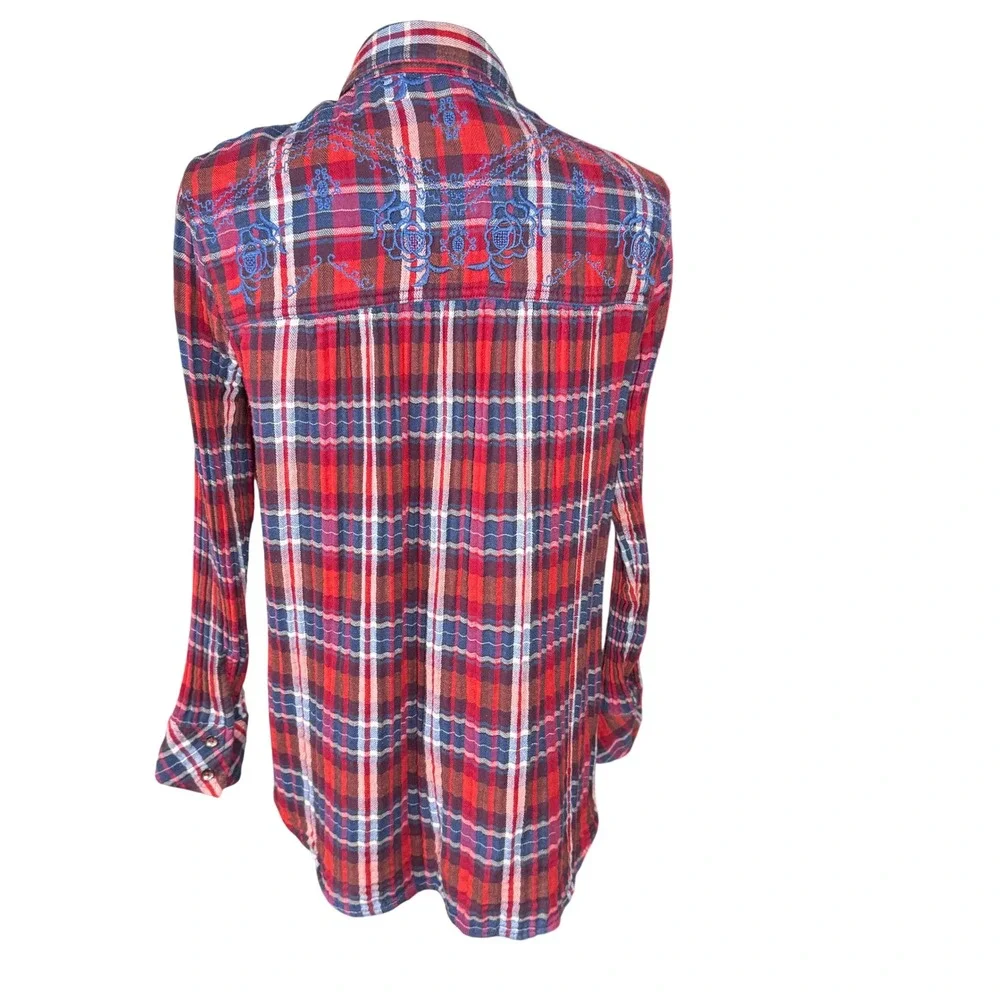 Free People Magical Plaid Embroidered Floral Button Down Shirt Small Flannel GUC